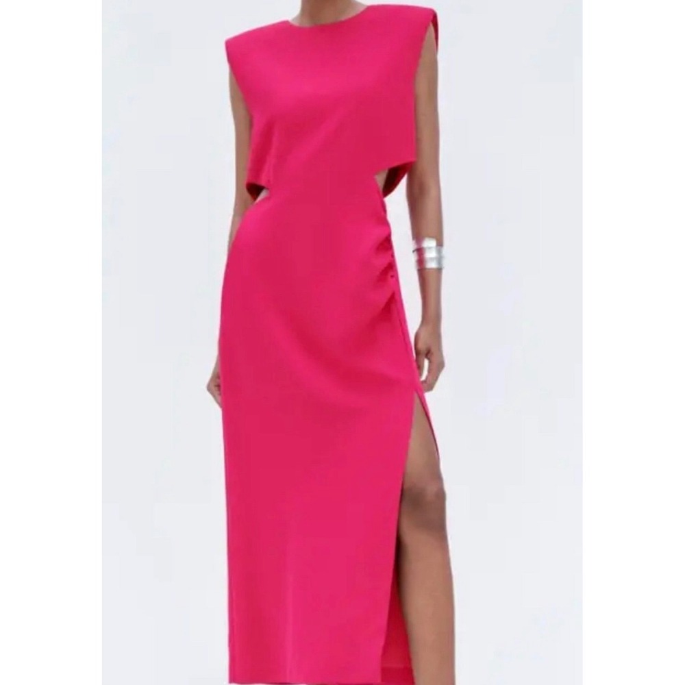 Zara Womens Pink Padded Shoulder Cut Out Side Slit Maxi Dress XS